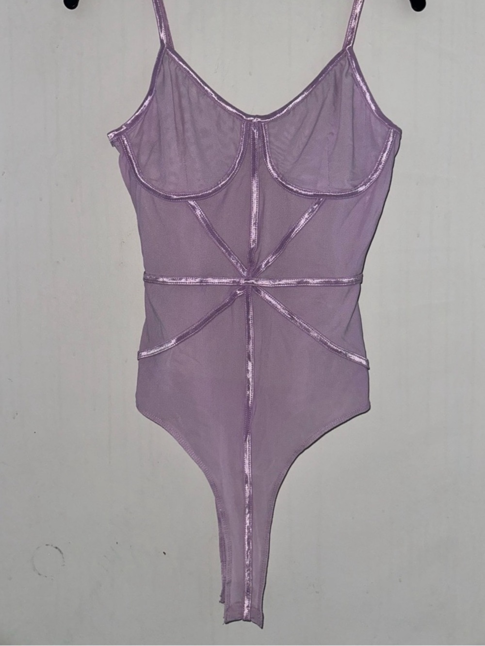 LOVE J Sheer Mesh Bodysuit in Purple Size Medium
